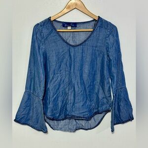 Women’s Blue Rain Tencel Tunic Top Bell Long Sleeve •Size XS